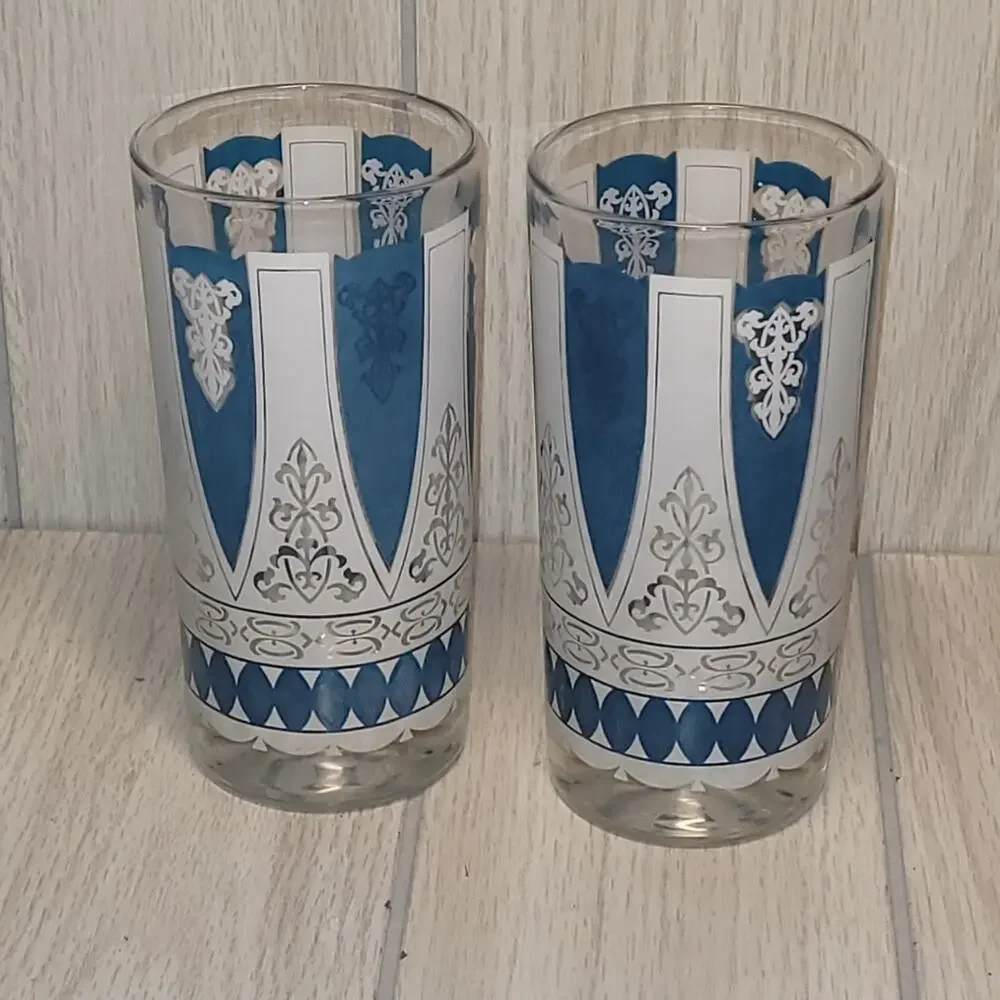 Vtg 1960s MCM Retro Highball Glasses Blue And White Barware Set Of 2 Replcements